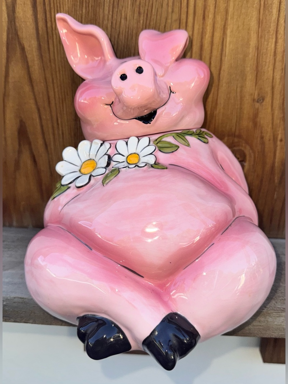 Cute 🥰 PINK  PIG 🐷 COOKIE JAR WITH LID CERAMIC DAISIES  on it by Blue Sky